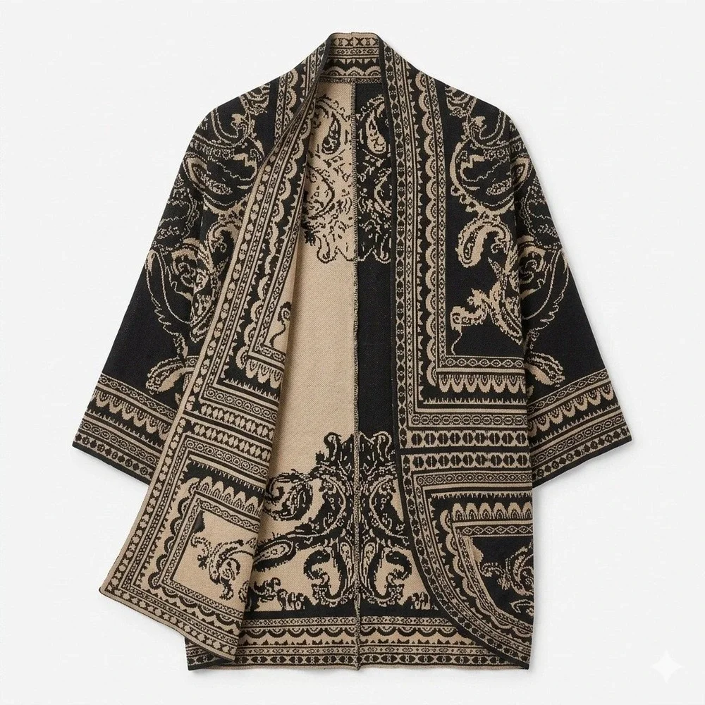 Cut25 Folk Paisley Shawl Wrap Women M Tan Black Boho Open Front Poncho